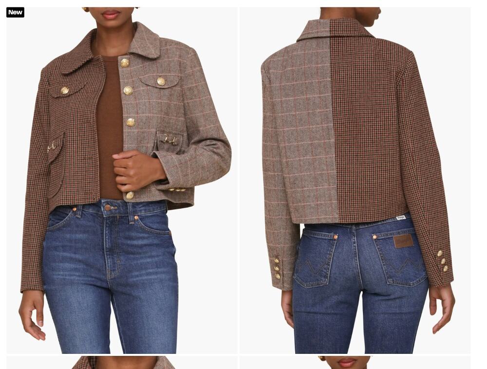 Avec Les Filles Mixed Media Jacket M NWT Cropped Brown Plaid Tweed Gold $158